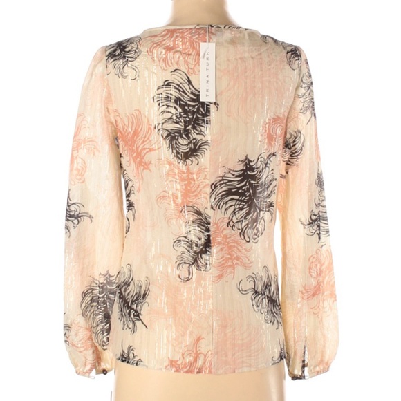Trina Turk Cream Black Lace Silk Feathers Top 0 - Picture 2 of 7
